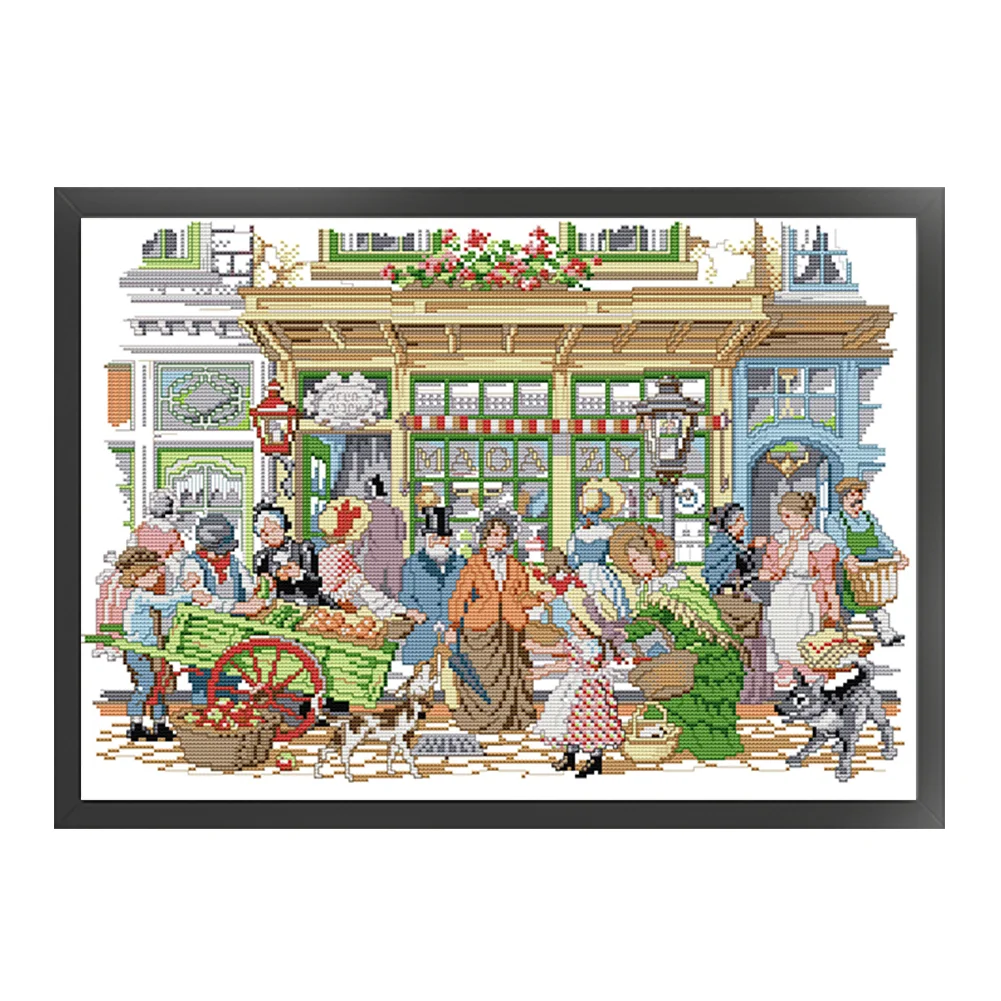 DIY Stamped Cross Stitch 14CT Partial Embroidery 48*36cm - Bustling Street Market