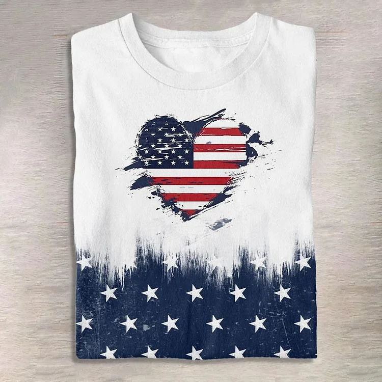 Women's Cute American Flag Heart Print Casual Short Sleeve T-shirt