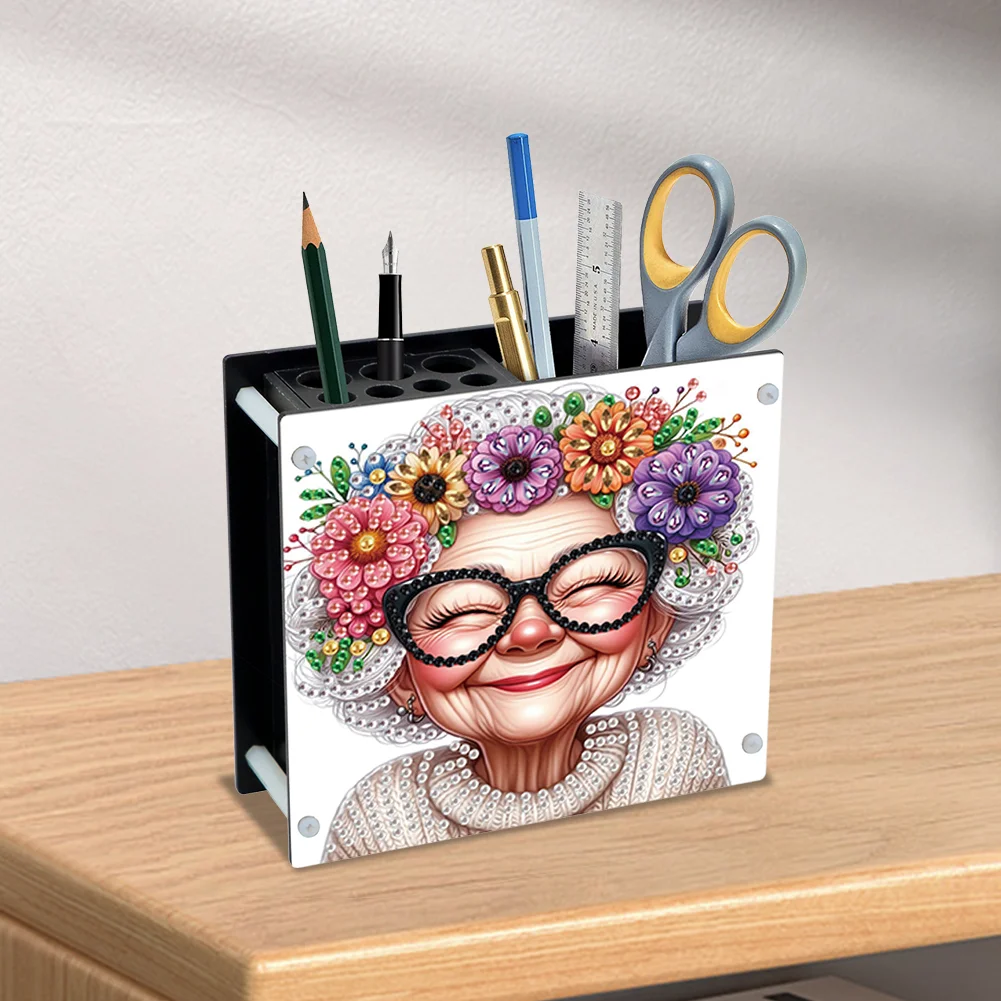 DIY Old Lady Special Shaped Diamond Painting Acrylic Pencil Holder Organizer
