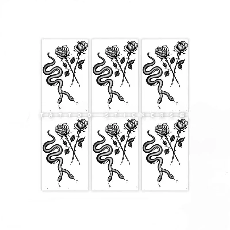 Dark Double Headed Snake Rose Tattoo Stickers Men Women Waterproof Back Clavicle Black Gray Cool Body Art Temporary Fake Tattoos