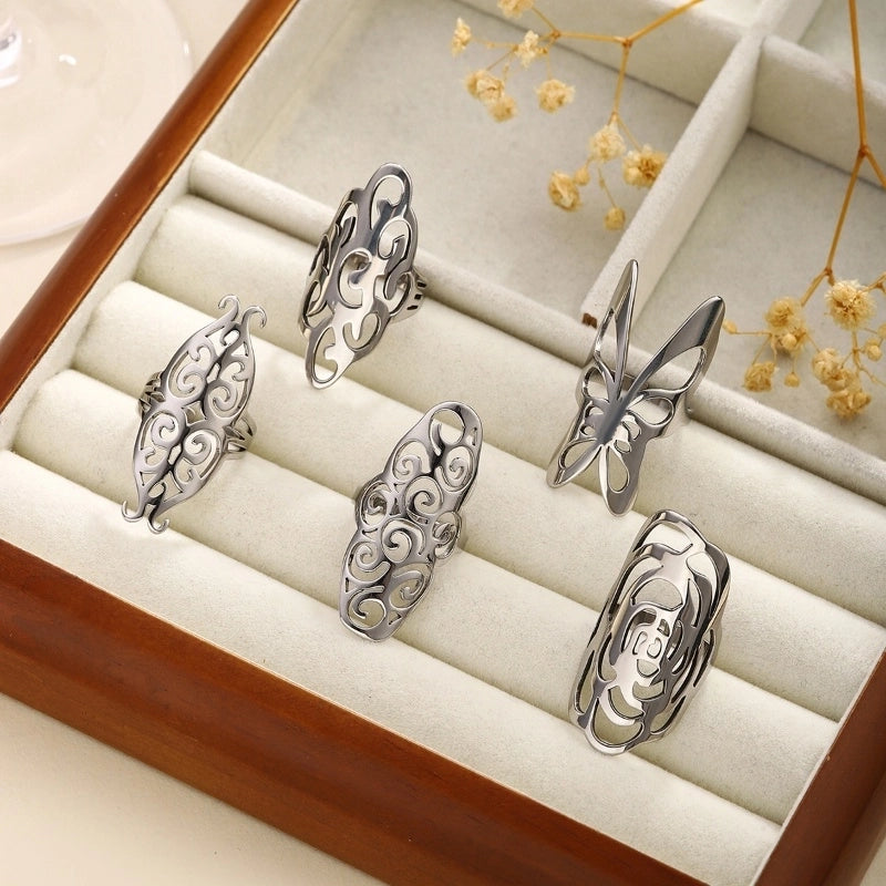 Exaggerated Artistic Oversized Flower Butterfly 304 Stainless Steel Open Rings