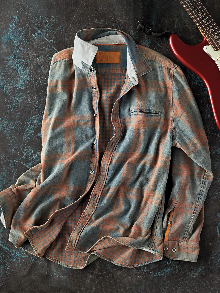 Men's Casual Orange Plaid Long Sleeve Cotton Linen Shirt