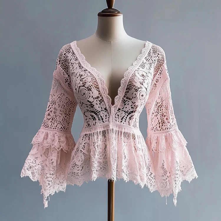 Ursime Hollow Out Lace Flare Sleeve Deep V Neck Tunic Blouse