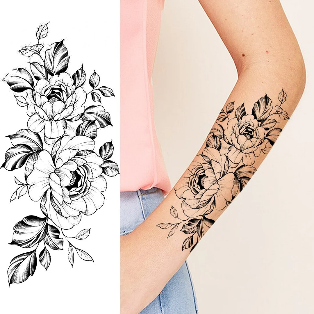 Sdrawing Peony Flower Moon Temporary Tattoos For Women Adult Rose Daisy Crown Fake Tattoo Fashion Washable Half Sleeve Tatoos