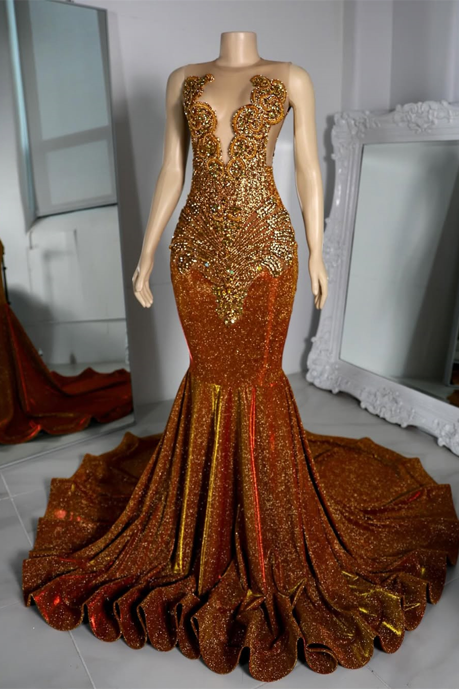 Bellasprom Burnt Orange Sleeveless Prom Dress Mermaid Long With Beadings Bellasprom