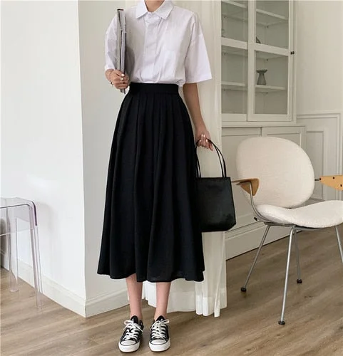 Y2KA-line Pleated Skirt Women's Summer 2022 New Black Green Elastic High-waisted Midi Long Skirt Simple Saia Mujer Faldas