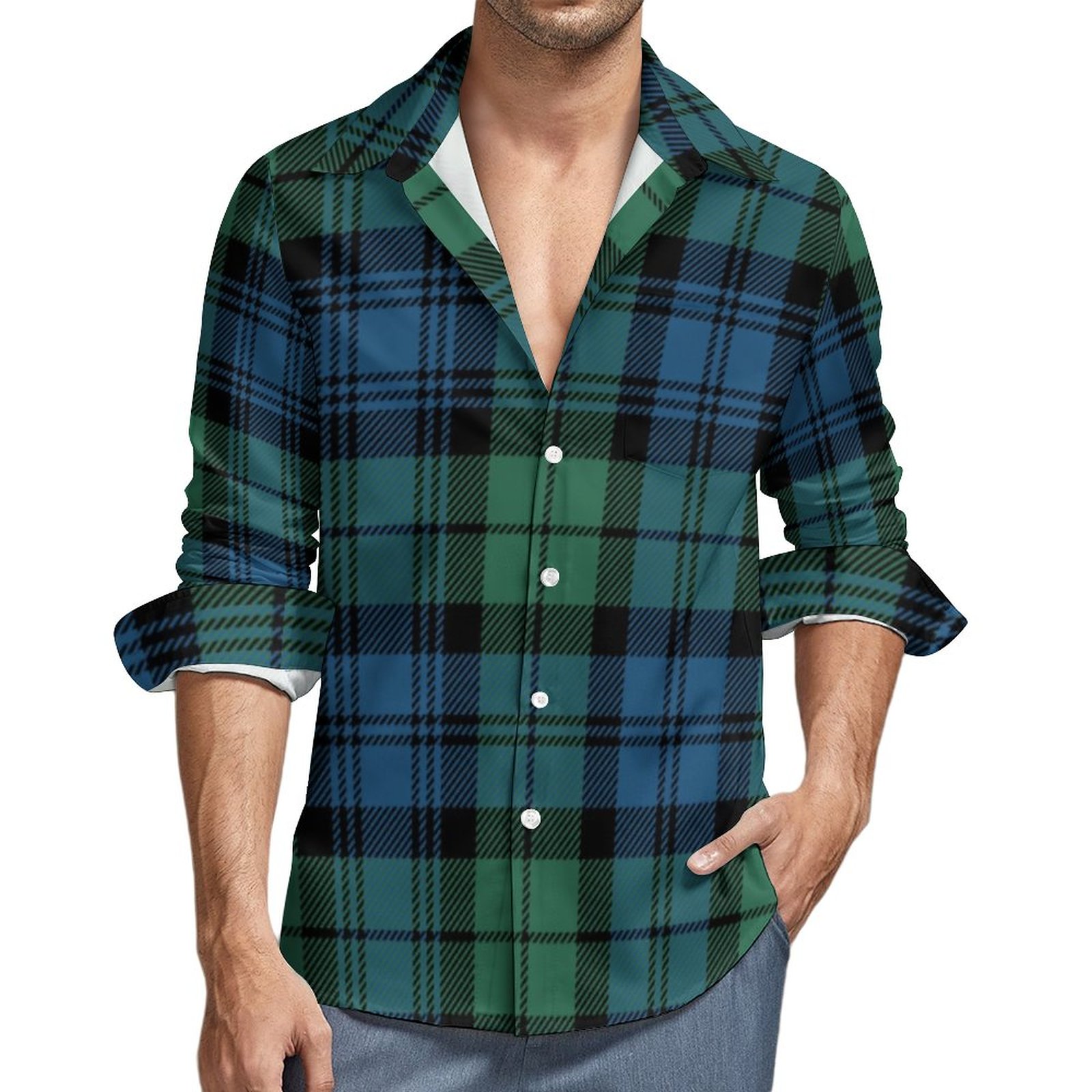 Scottish Plaid Clan Campbell Green Blue Tartan Men's Casual Button Down Pocket Shirt