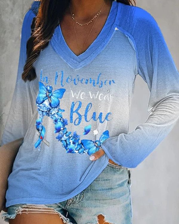 Women's In November We Wear Blue Crystal Slipper Butterfly Print Top