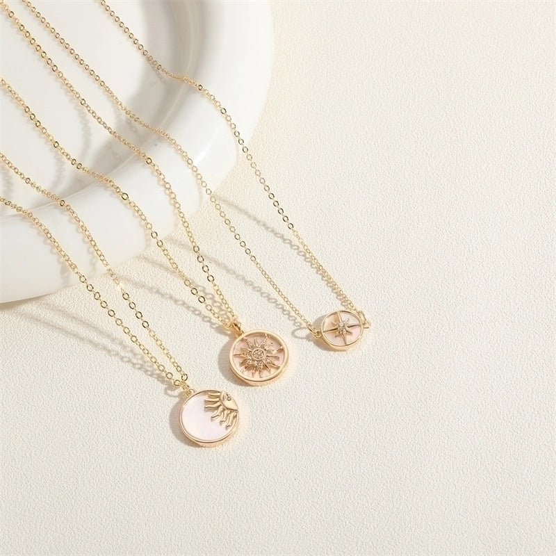 Cute Minimalist Hexagram Sun Copper Plating Inlay Shell Zircon 14k Gold Plated White Gold Plated Pendant Necklace