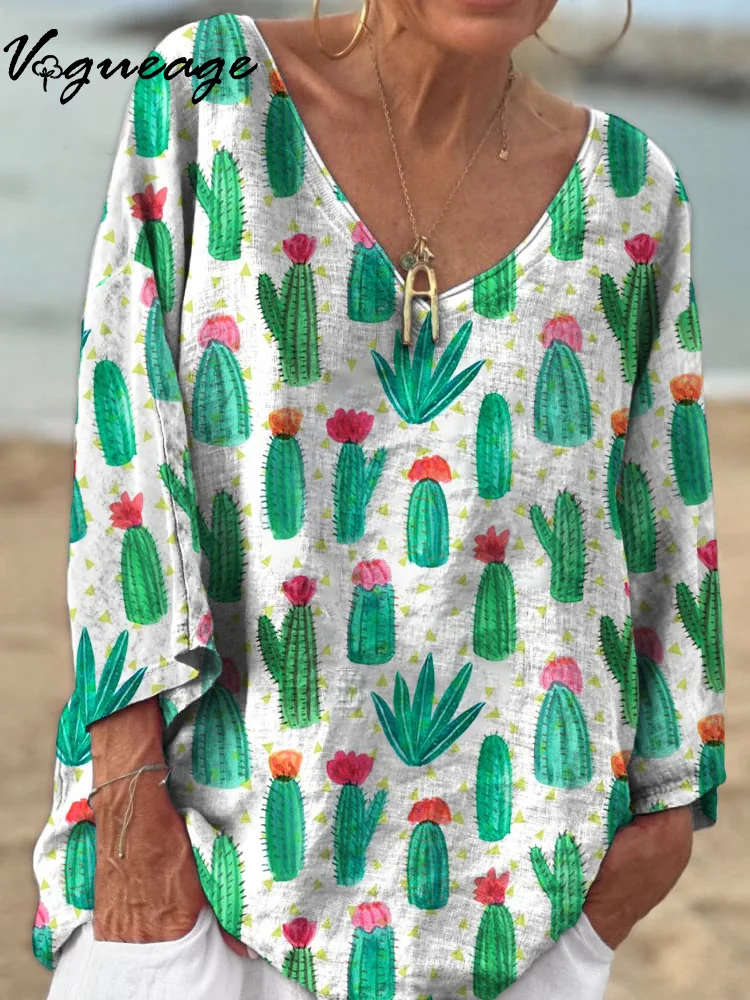 Simple Hand Drawn Cactus Plants 3/4 Sleeves Printed Cotton And Linen Shirt