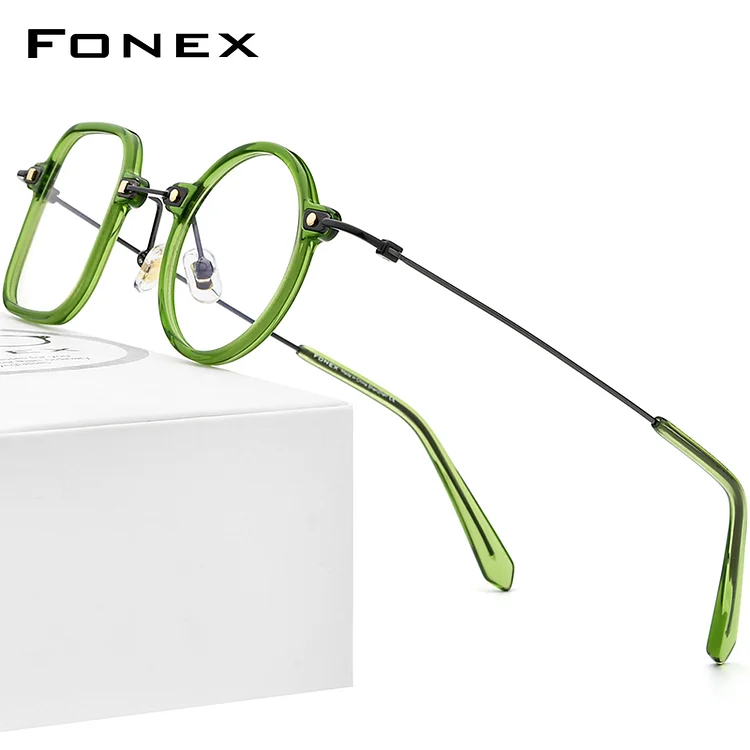 FONEX Acetate Titanium Glasses Frame Women Vintage Left Square Right Round Eyeglasses Men Spectacles Eyewear F85700