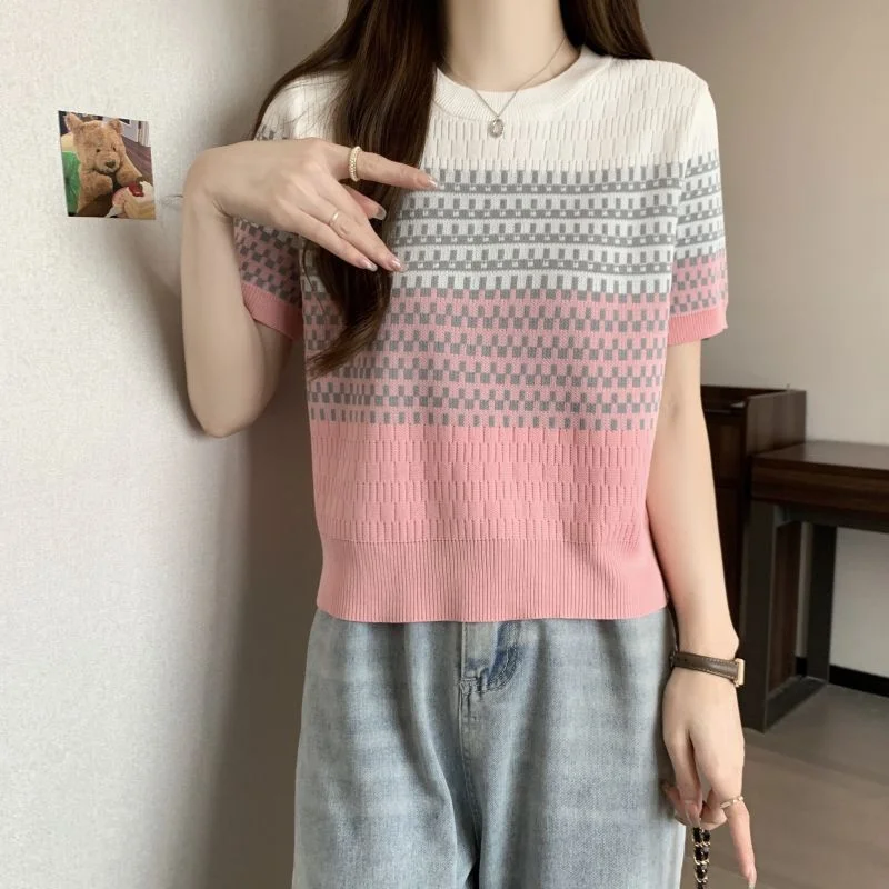 Uveng Uveng Gradient Striped T-Shirt Women's Summer New Oceanic Ice Silk Sleeve Sleeves