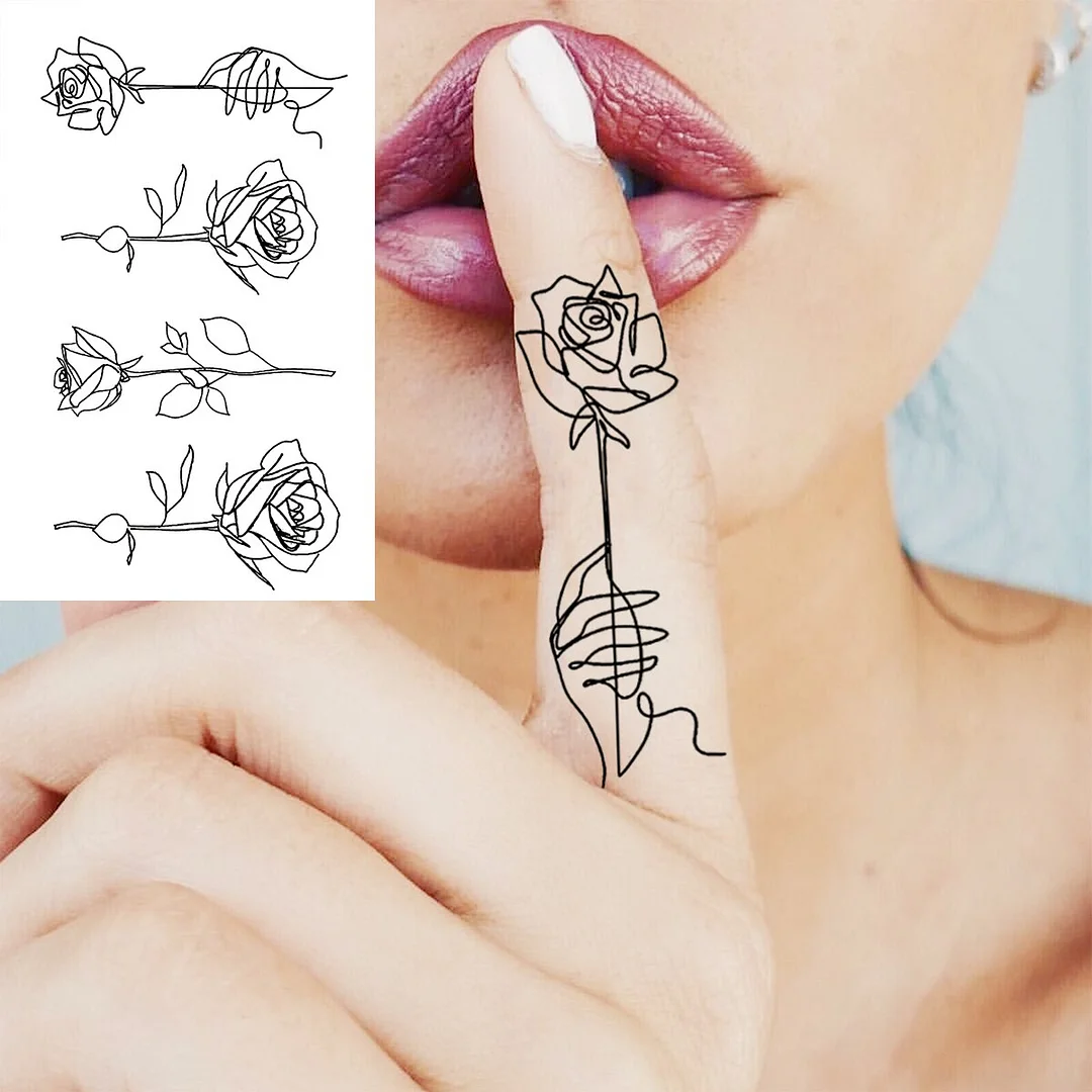 Black Little Flower Fashion Finger Temporary Tattoos For Women Adult Leaves Daisy Rose Fake Tattoo Letter Body Art Tatoos Decal