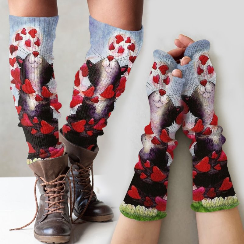 Vintage cat floral print knitted leg warmers + fingerless gloves set