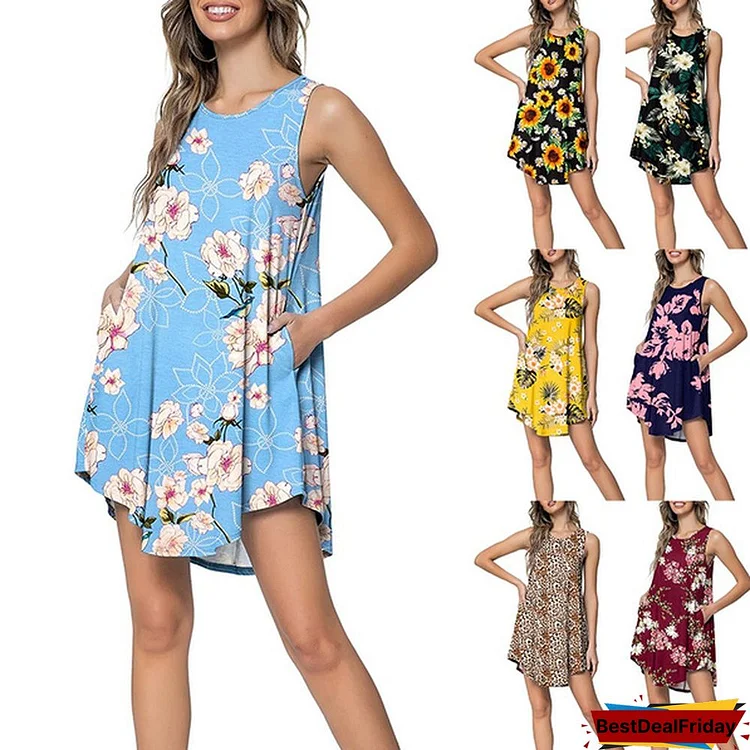 Summer Women Casual Solid Color Loose Sleeveless Beach Tank Top A-Line Pocket Dress Sexy Deep V-Neck Short Club Party Mini Halter Midi Dresses Robe Femme Knee Length Pleated Skirts Ladies Fashion Swing Cotton T-Shirt Dress Plus Size