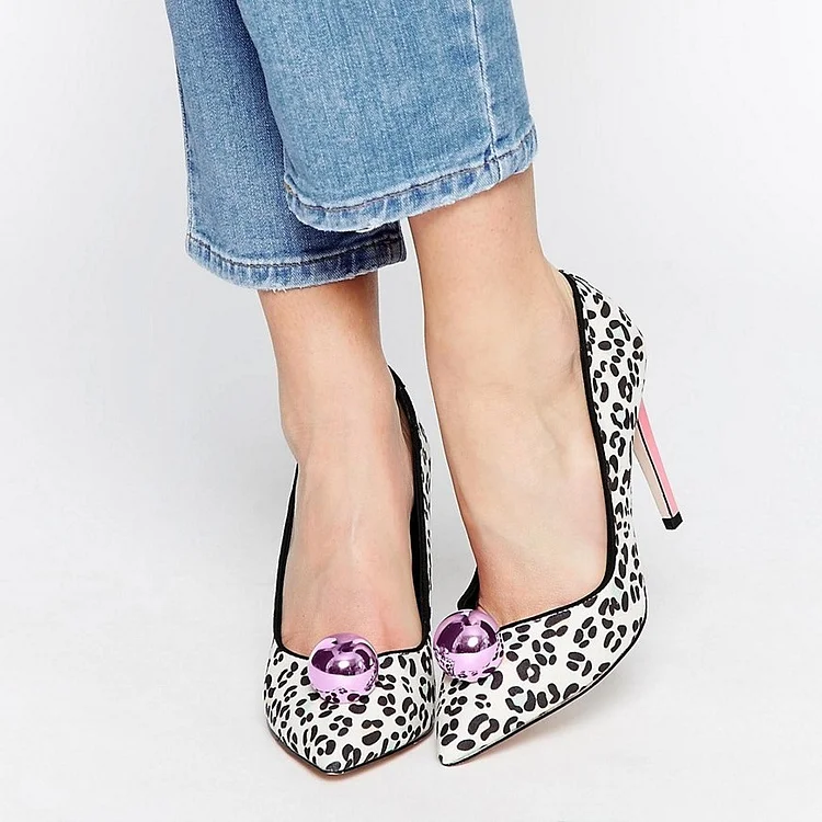 White Leopard Print Heels Vegan Suede Pumps With Ball |FSJ Shoes
