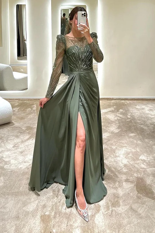 dark green prom dress with sleeves Dark Green Prom Dresses V-Neck Puffy Sleeves A-Line Evening main image 0