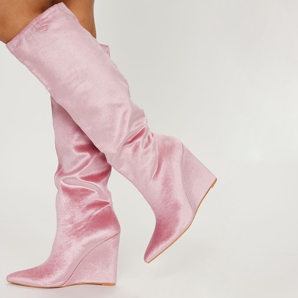 Pink Velet Closed Toe 4'' Wedge Heel Knee High Winter Boots Nicepairs