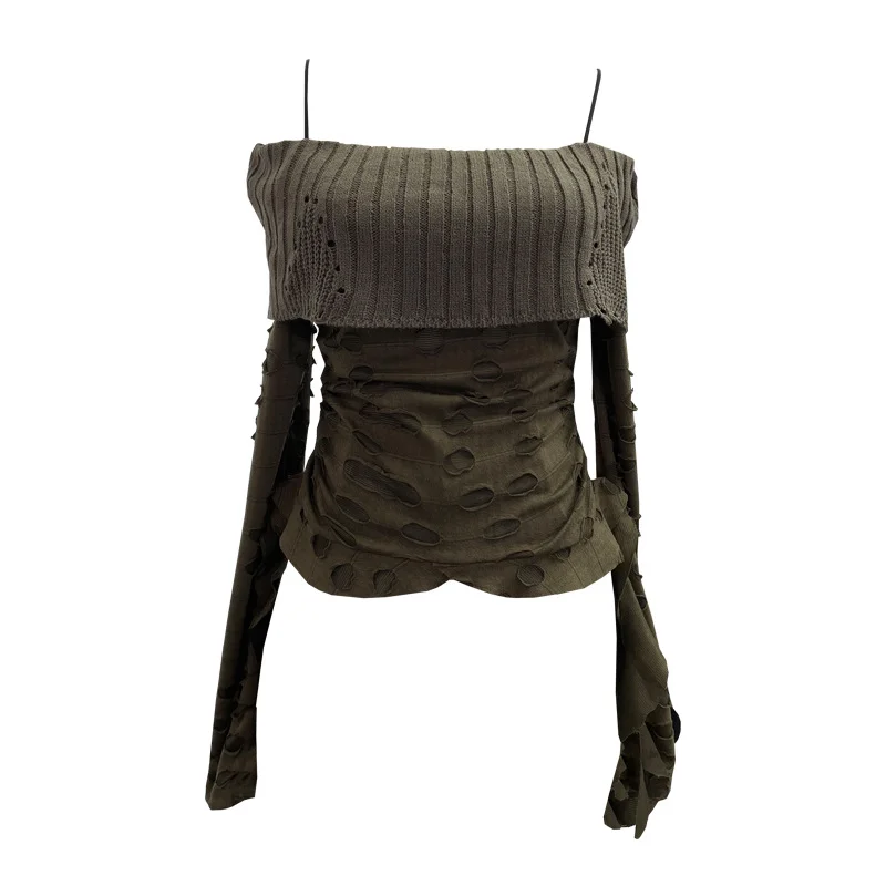 Uveng Real Shooting Of Waste Soil Wind Word Leakage Collar Collar Collar To Make Old Hole Sling Knitted Shirt With Short Sweater 1113