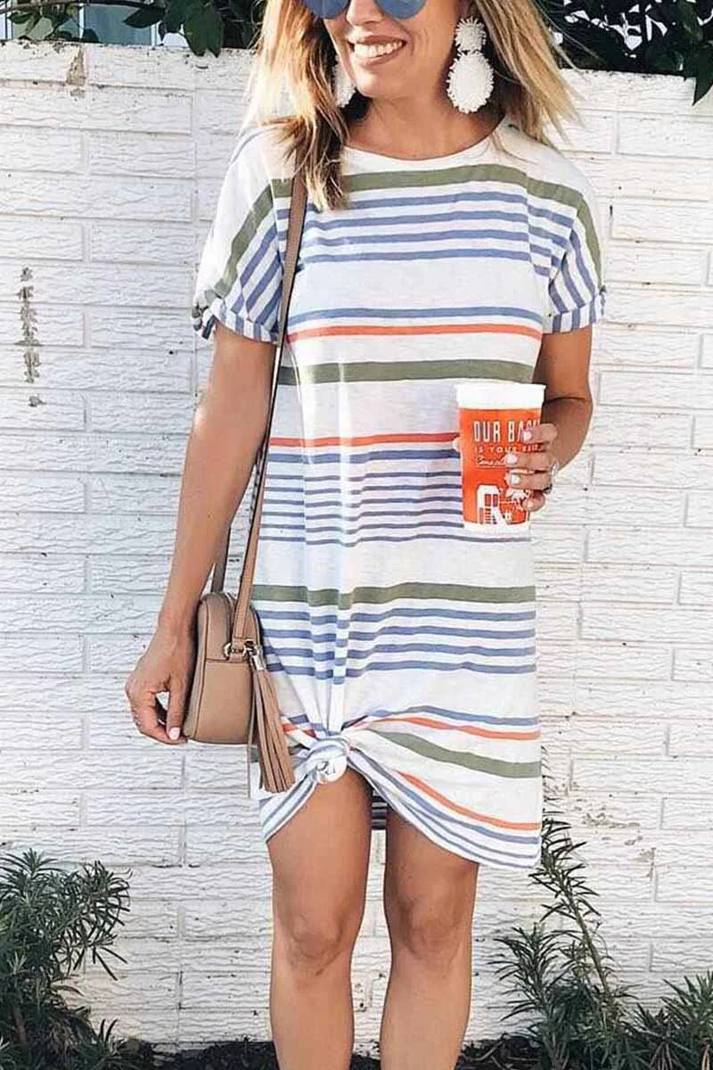 Printed O-neck Striped Midi Dress