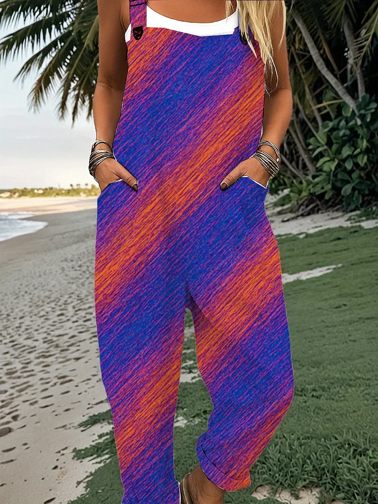 Women's Sleeveless Jumpsuit With Adjustable Straps & Pockets - Vibrant Blue To Orange Gradient Print, Casual Romper For Summer, Perfect For Outdoor, Casual Summer Wear | Vibrant Print Jumpsuit | Adjustable Strap Romper, Jumpsuit For Summer