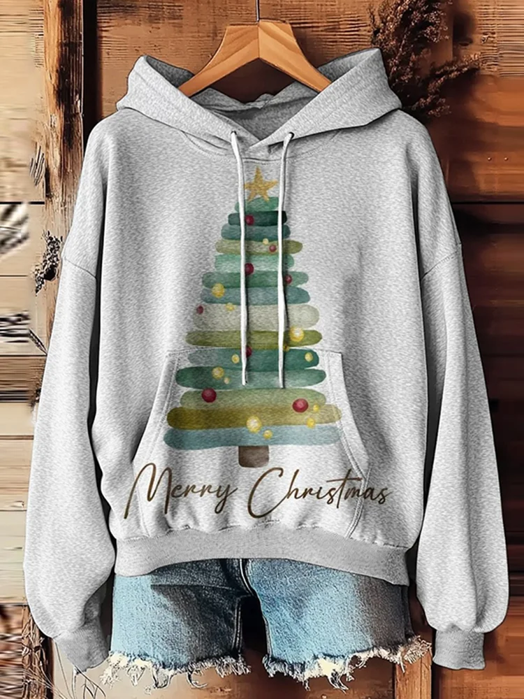Women's Christmas Tree Prints Casual Pocket Hooded Sweatshirt