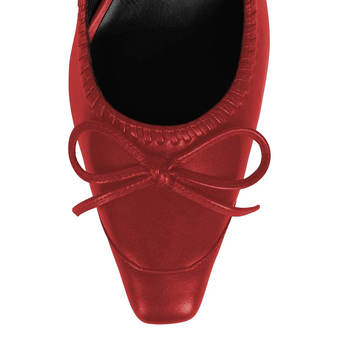YDN Red Vegan Leather Bow Square Toe Chunky Heeled Mary Janes