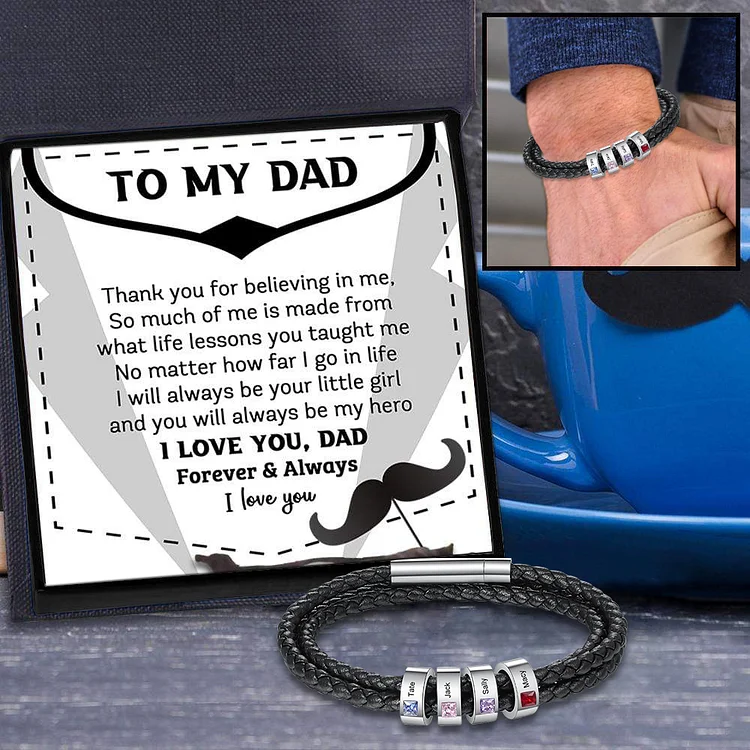 Personalized Men Leather Bracelet, Engraved with 4 Names and 4 Birthstones