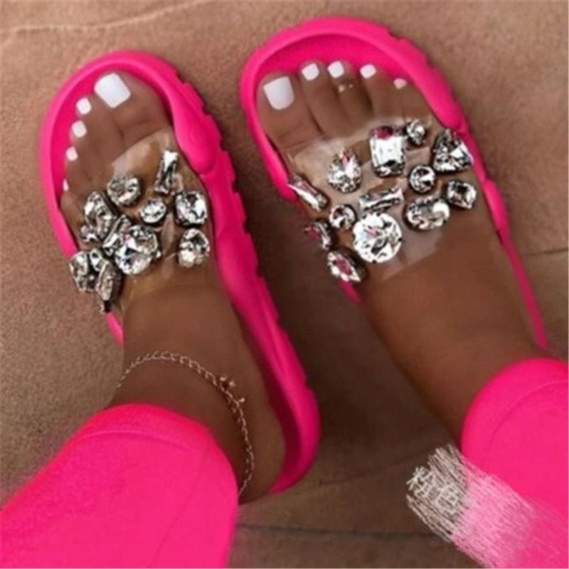 Ladies Summer Slippers With Rhinestone Decoration Bright Color Wedges Soft Slippers Casual Leaky Toe Beach Outdoor Slippers