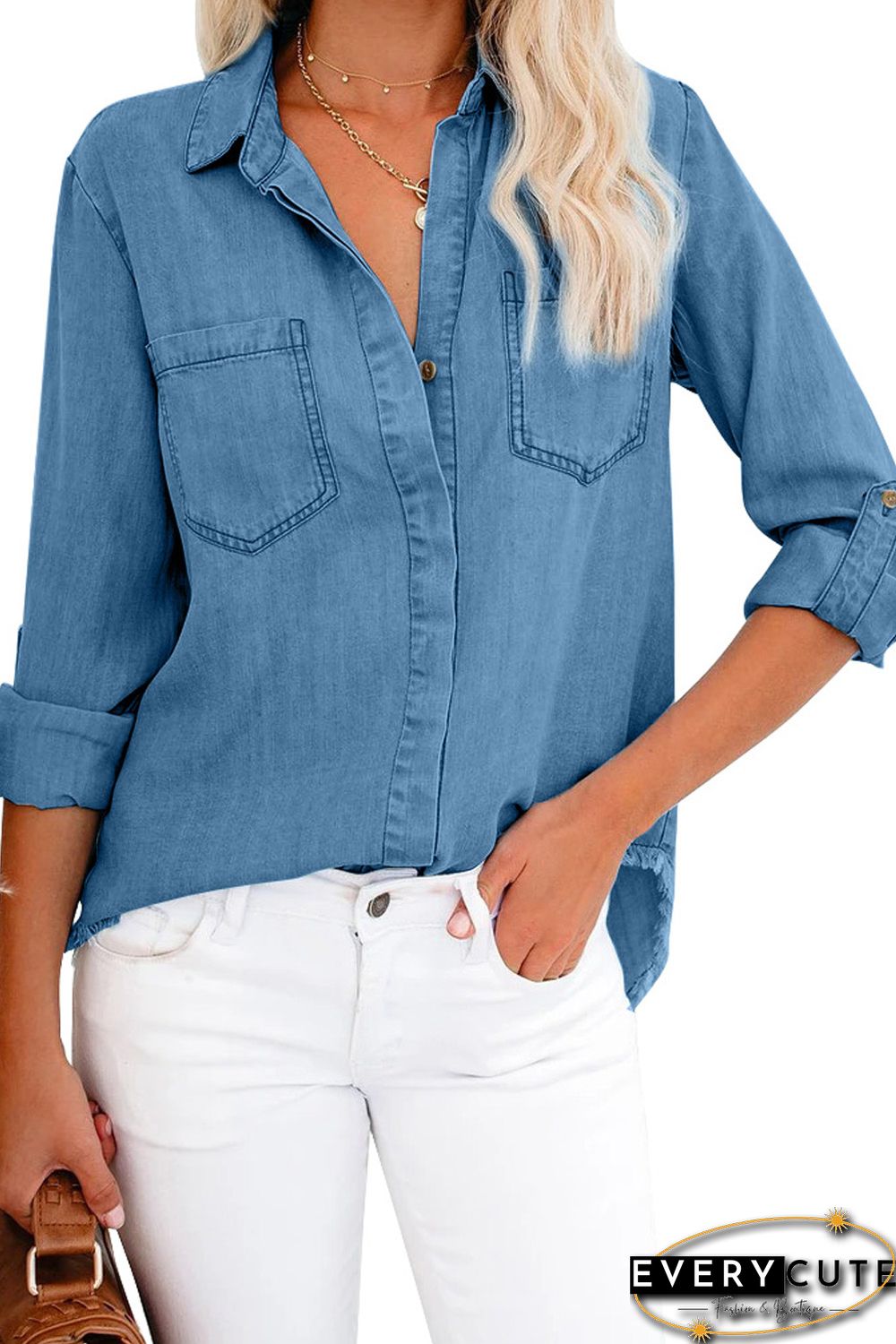 Roll up Long Sleeves Frayed Hem Denim Shirt