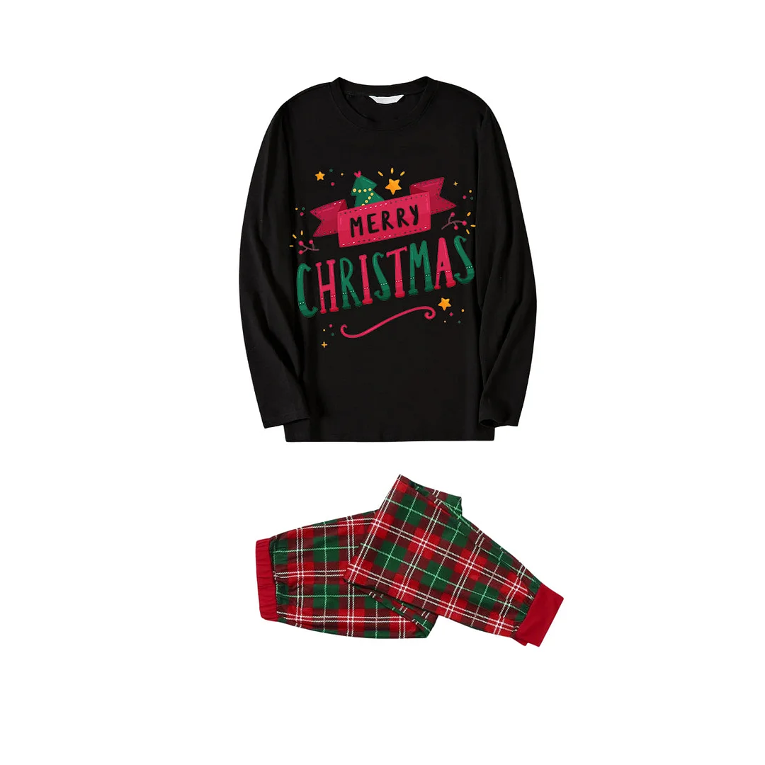 "Merry Christmas" With  Ribbons - Black Top with Red & Green Plaid Pants Family Matching Pajama