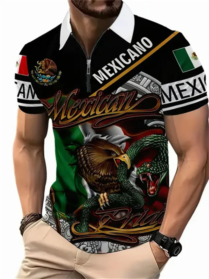 Men's New Printed Pattern Short-sleeved Zipper Polo Shirt Lapel Short Sleeve
