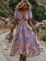 Women's Vintage Rose Embroidery Art Comfy Linen Maxi Dress - Image 5