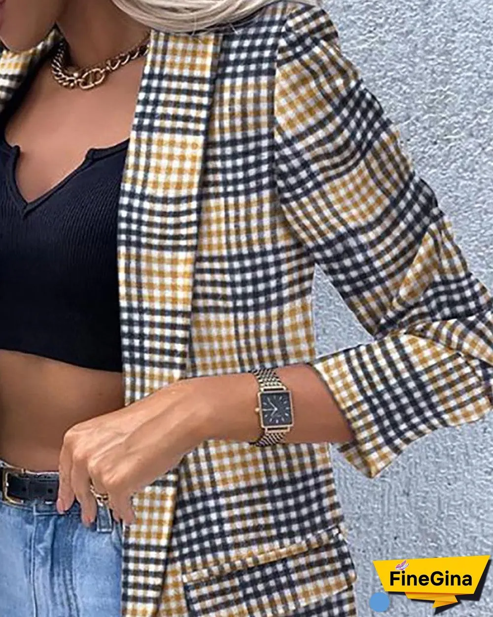 Plaid Print Long Sleeve Blazer Coat