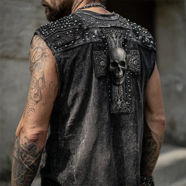 Men's Rock Style Skull Cross Studded Washed Tank Top