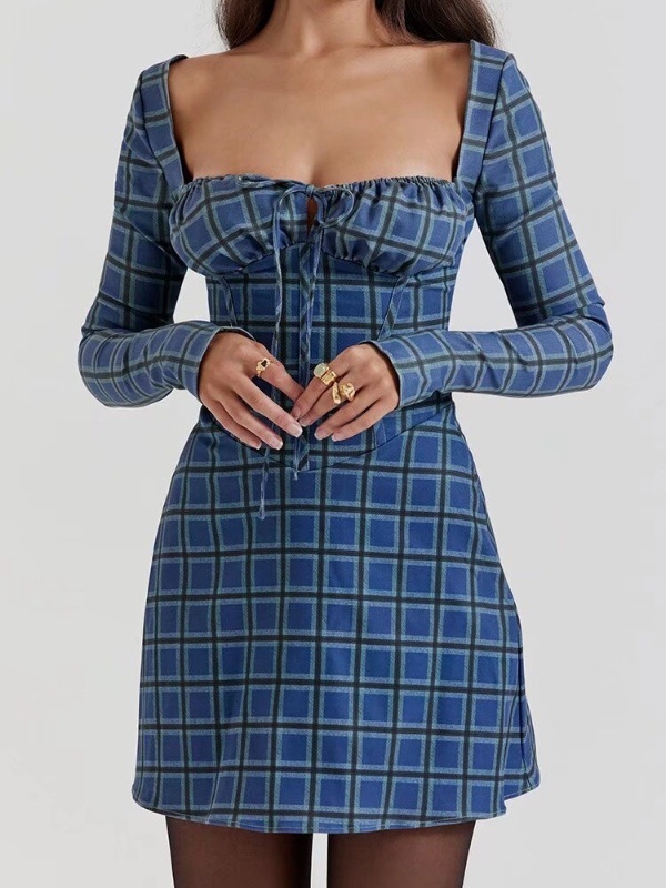 French Vintage Plaid Printed Lace-up Waist Dress | Oxredo Shop Ramadan Sale