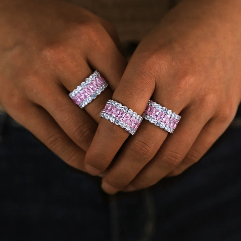 Bling 5A CZ White Pink Color 3 Row Baguette Eternity Ring-VESSFUL