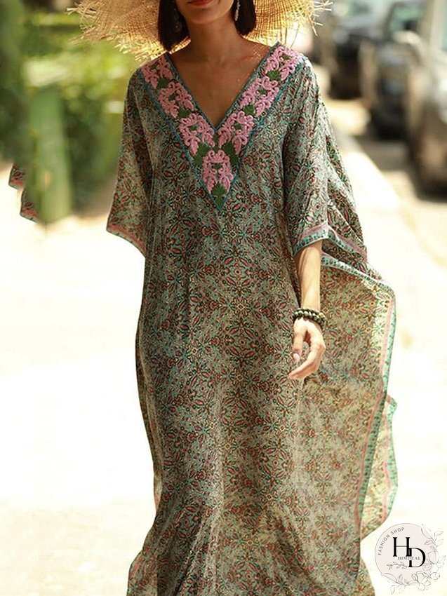 Boho Dress Cover Up Beach Wear Long Dress Maxi Dress Dolman Print Ethnic Casual Floral V Neck 3/4 Length Sleeve Loose Fit Outdoor Daily Green Summer Spring One Size for Women