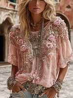 Women's Vintage Floral Art Crew Neck Comfy T-shirt