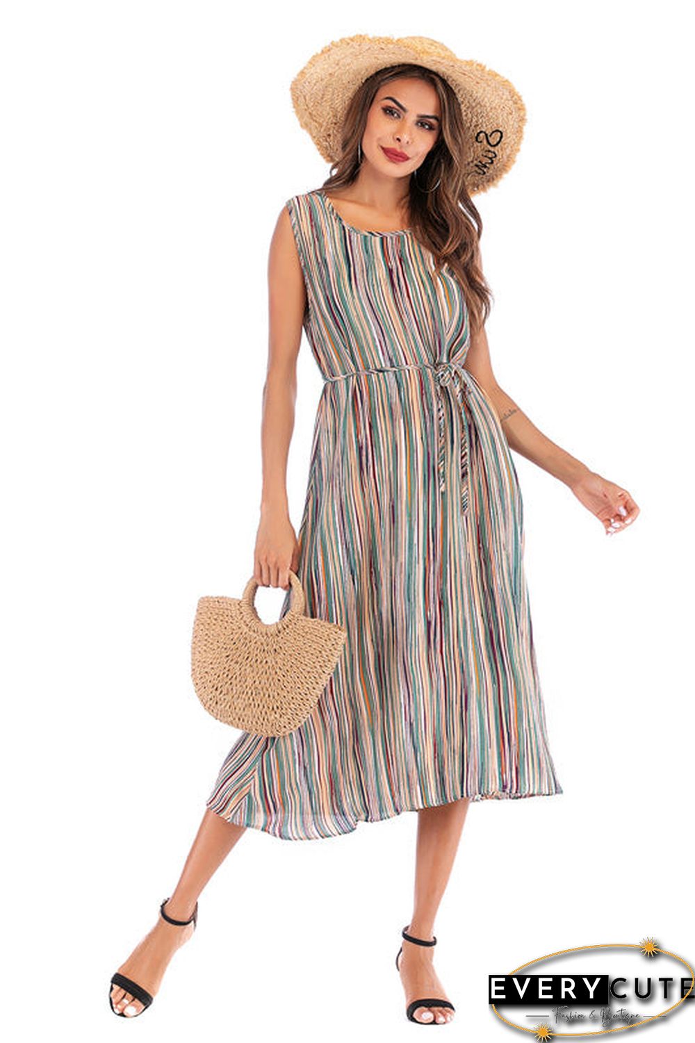Colorful Striped Lace-up Sleeveless Long Dress