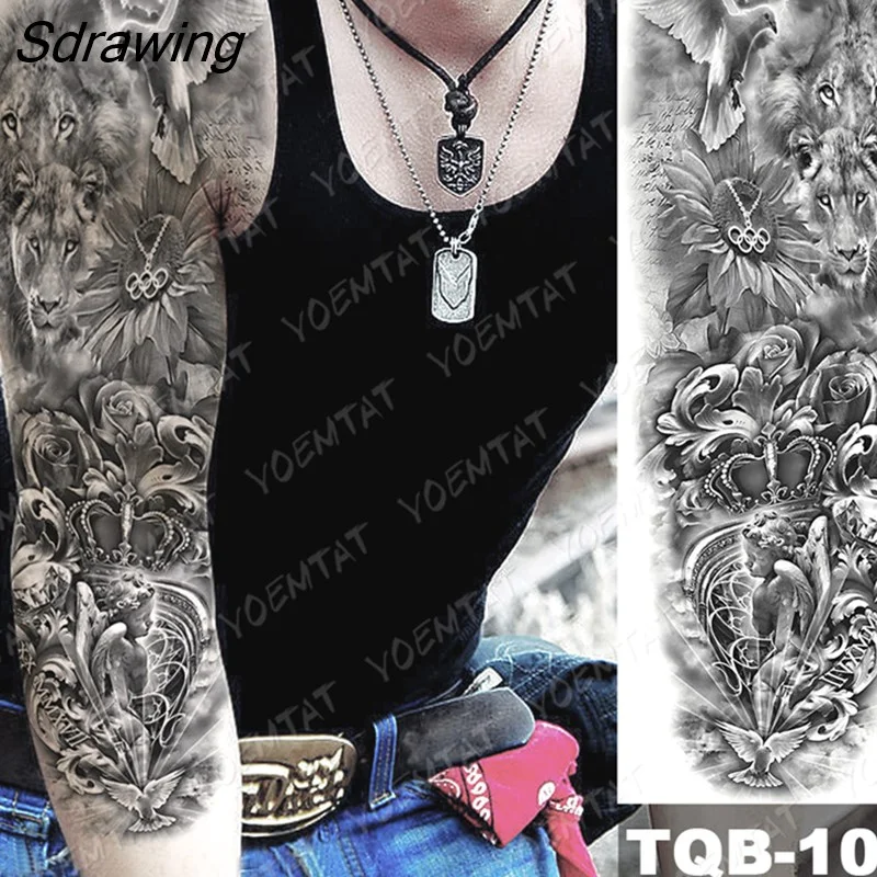 Sdrawing Arm Sleeve Tattoo Tiger Lion Wolf Owl Waterproof Temporary Tatto Sticker Crown Warrior Body Art Full Fake Tatoo Men Women