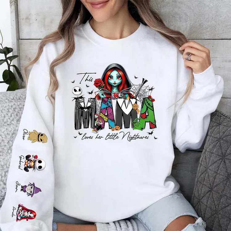 Halloween Custom Mama Sweatshirt with Kids&rsquo; Names on Sleeve, Cute Nightmare Family Hoodie for Mom 