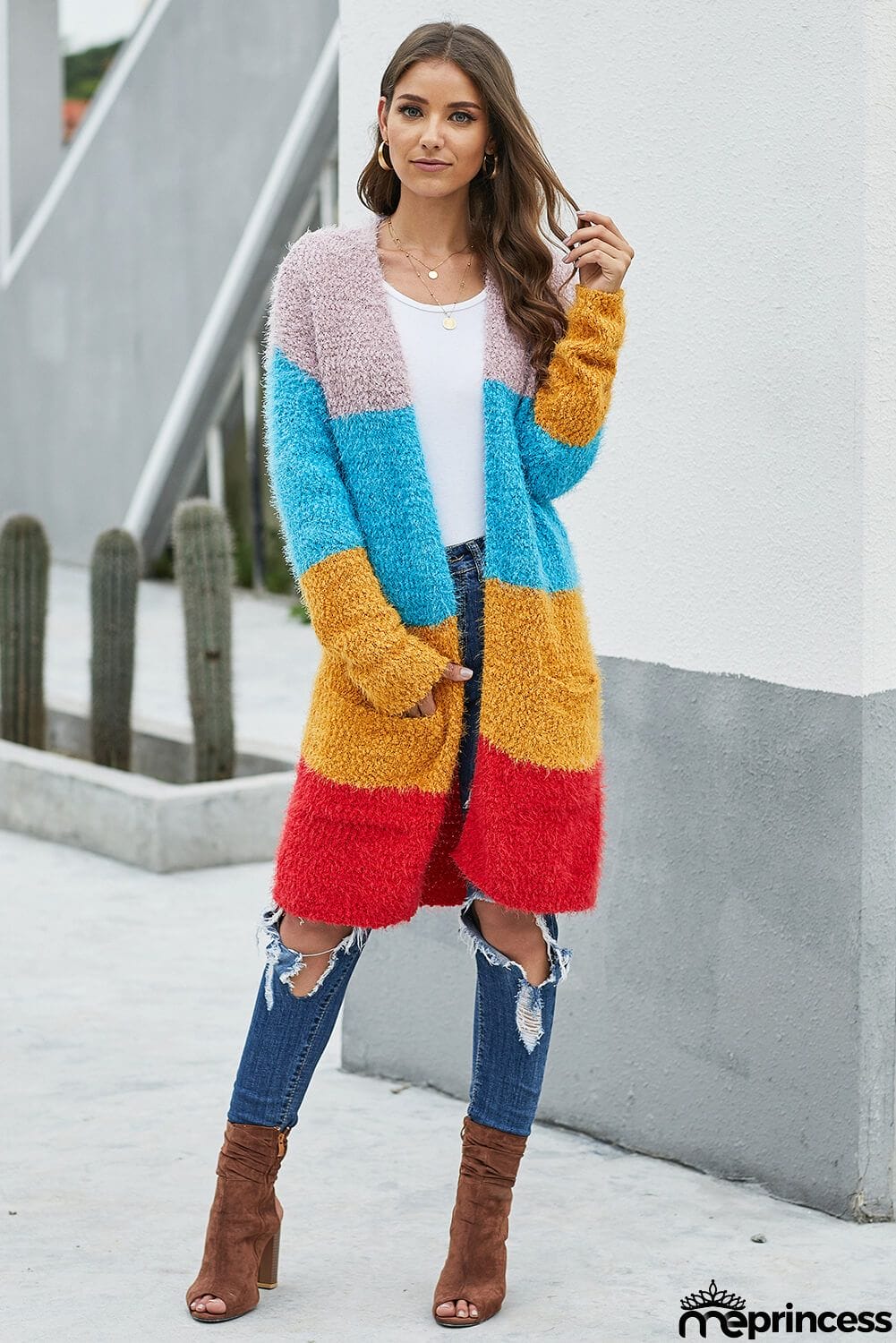 Multicolor Color Block Drape Oversized Knitted Cardigan