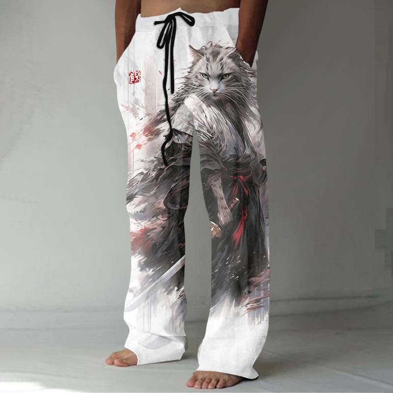 Vintage Japanese Kimono Samurai Cool Cat Ink Art Linen Blend Cozy Pants