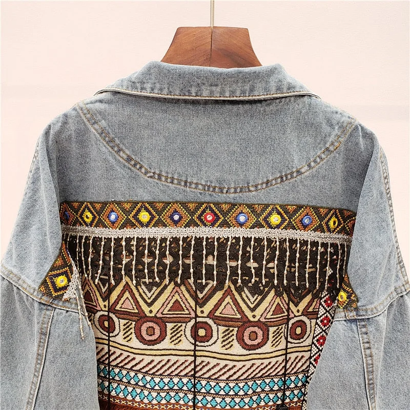 Vintage Jeans Jacket Coat Women Tassel Embroidery Flowers Denim Coat Loose Long Sleeve Short Bohemia Denim Jacket Female Outwear