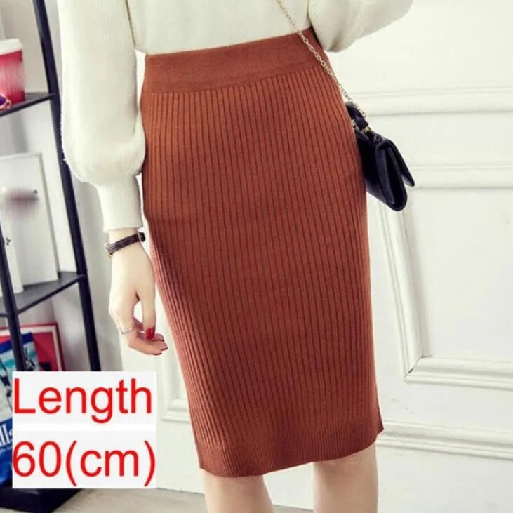 Women Knitted Pencil Skirts Slim Solid Basic Ladies Office High Waist Elegant Midi Skirt 2020 Autumn Winter Warm Womens Skirts