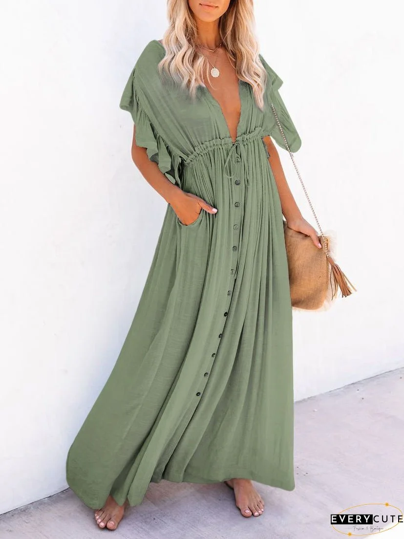 Dresses V-Neck Button Drawstring Waist Pocket Dress for Women