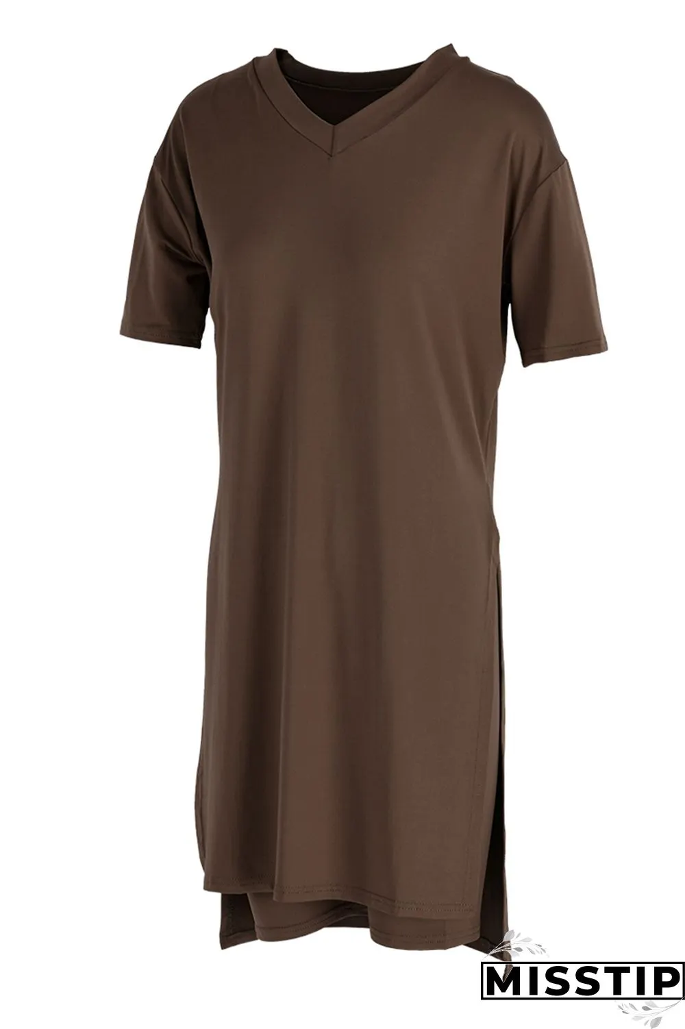 Khaki Fashion Casual Solid Slit V Neck Short Sleeve Two Pieces