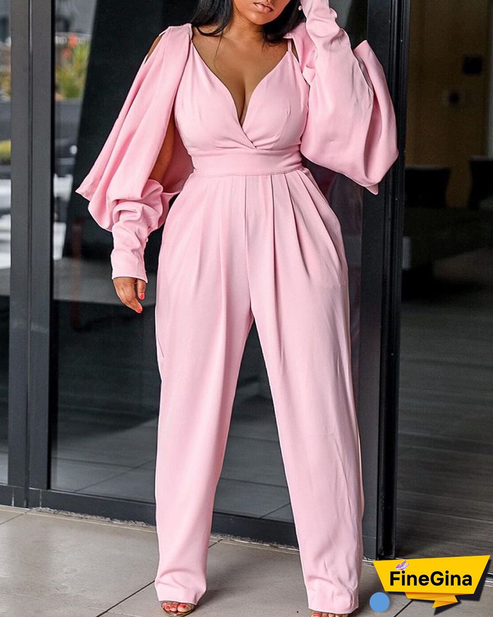 Lantern Sleeve Cutout Ruched Plunge Jumpsuit