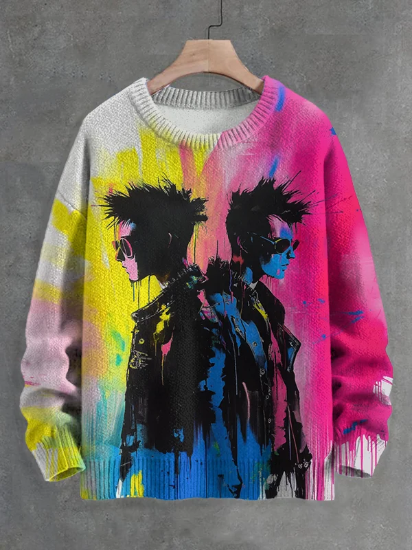 Men's Unique Punk Street Paint Art Print Knit Sweatshirt